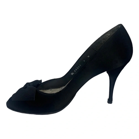 Stuart Weitzman Satin Open  Peep Toe High Heels Bow Accents | Black | Siz… - Picture 10 of 16